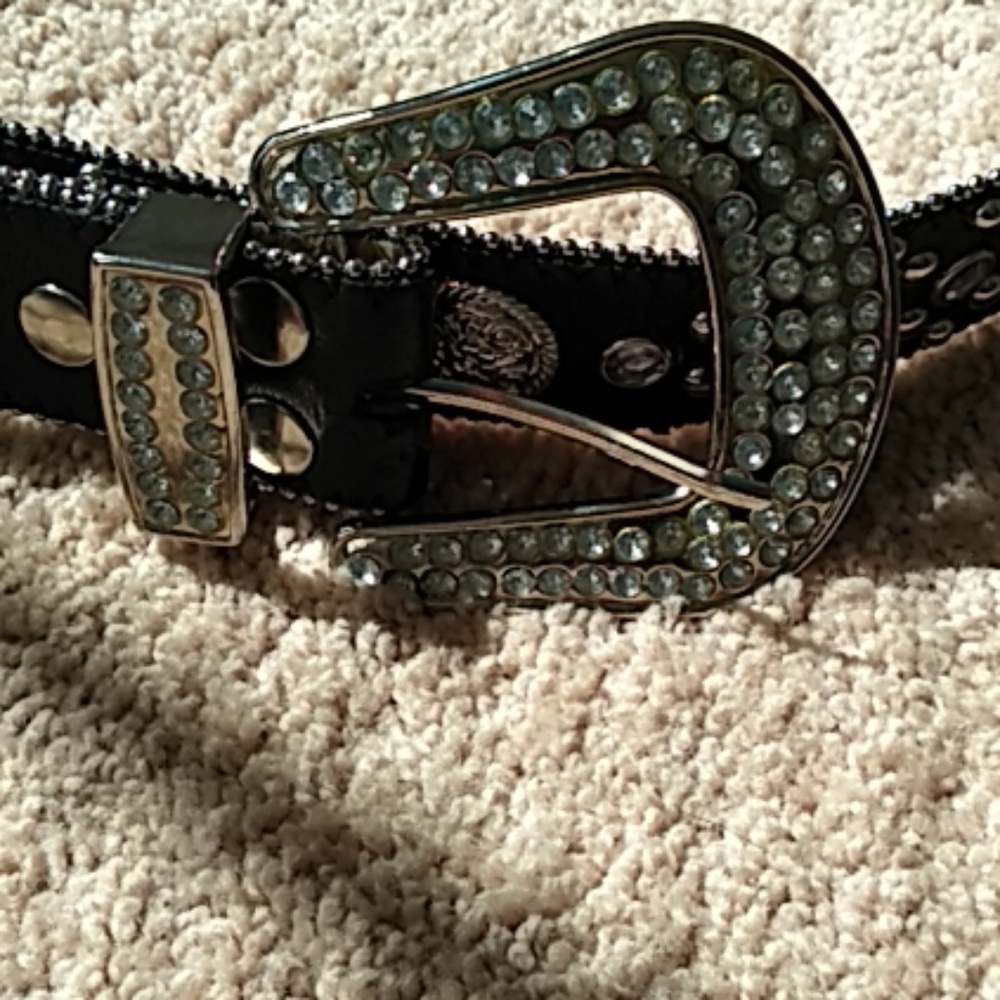 Genuine leather western black bling belt size lg